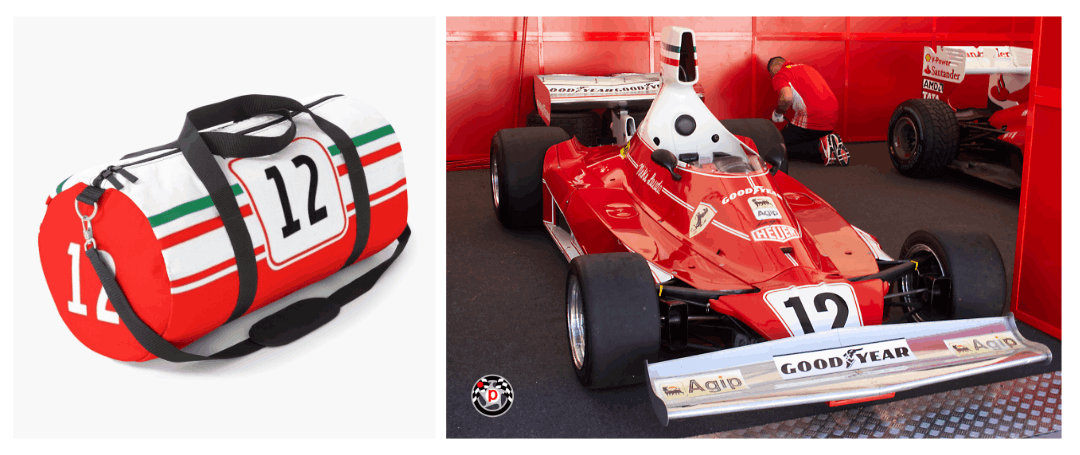Duffle Bag design by Pentimore inspired by the livery of the 1975 Formula 1 Ferrari 312T driven by World Champion Niki Lauda